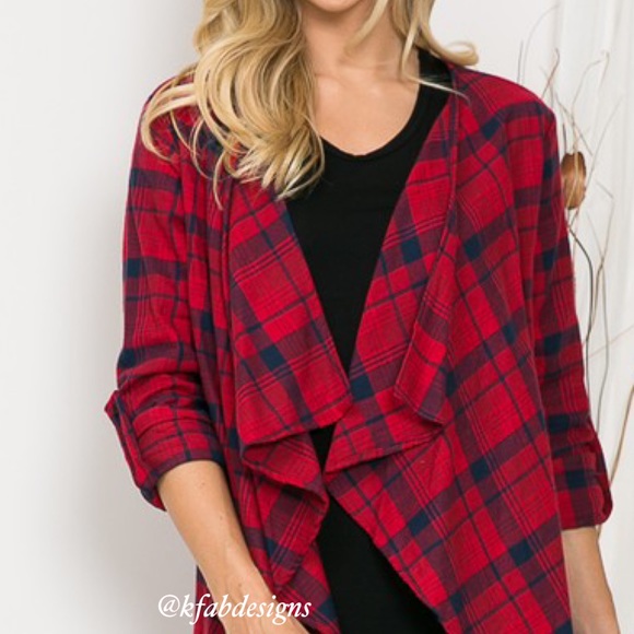 LAST! Soft Plaid Red Open Cardigan with Roll Up Sleeves! - Picture 8 of 8
